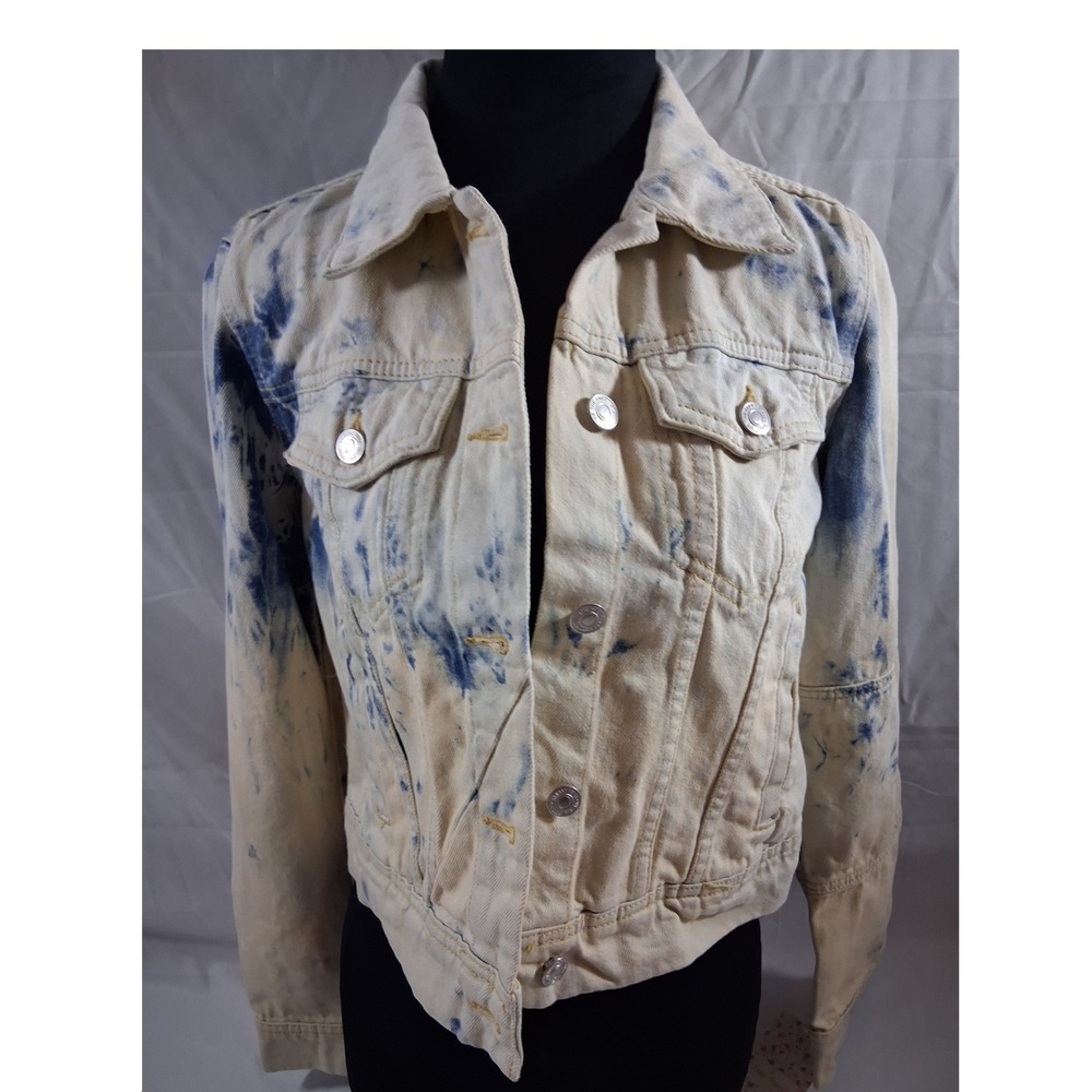 Free People We The Free Rumors Denim Jacket Tie Dye Blue Cream OB1026038 Size S